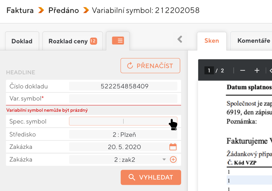 Automatická registrace a vytěžení dokladu Automatická registrace a vytěžení dokladu